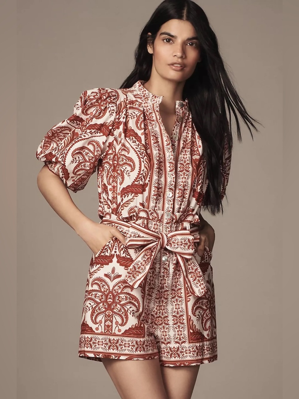 Farm Rio Tropical Cameo Belted Romper Red XS - Picture 1 of 10
